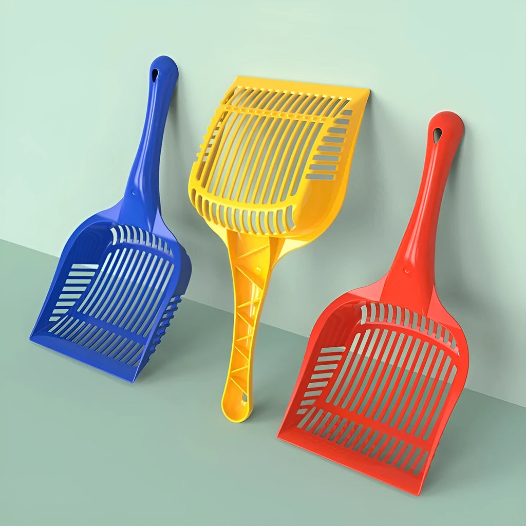 Plastic cat litter scoop in red, yellow, and blue colours showing small and medium size options
