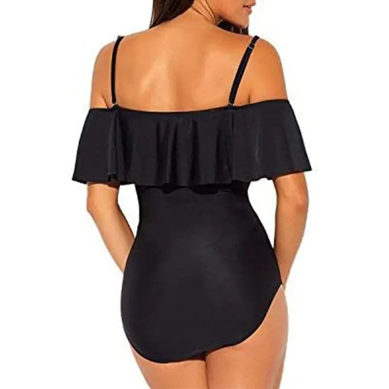 Black one-piece swimsuit with tube top, cut-out design and ruffled straps for swimming sports
