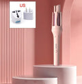 Automatic hair curler in white with purple accents, showing 32mm barrel and UK plug.