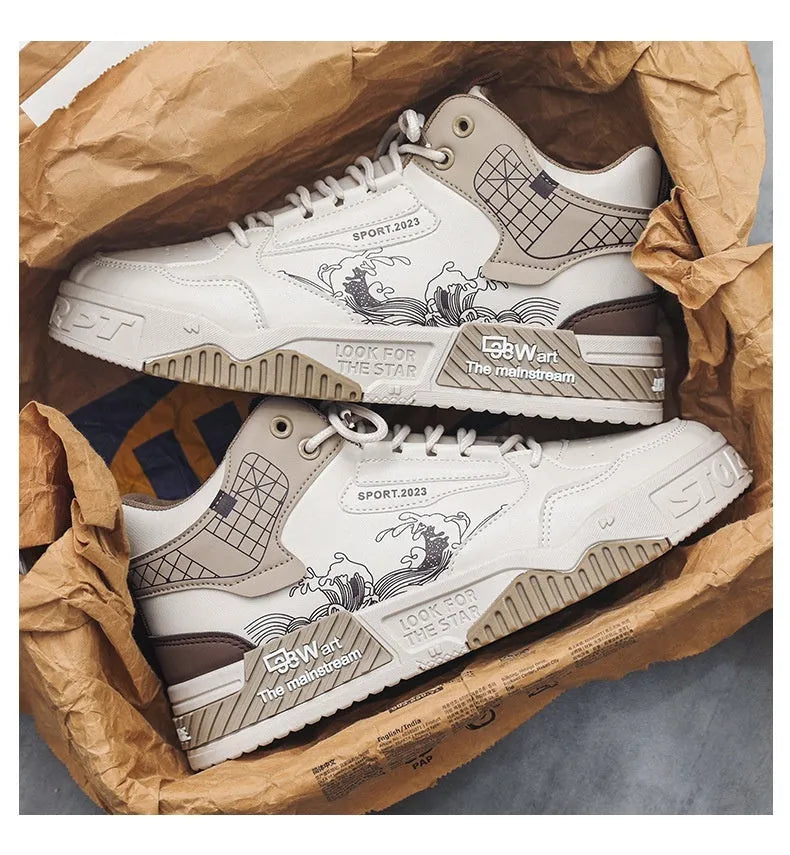 Men's beige high-top board sneakers with lace-up front and rubber sole.
