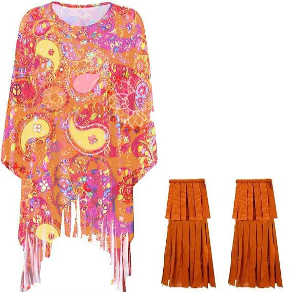 Colourful tie dye cloak costume with bell sleeves, shown in rainbow print.
