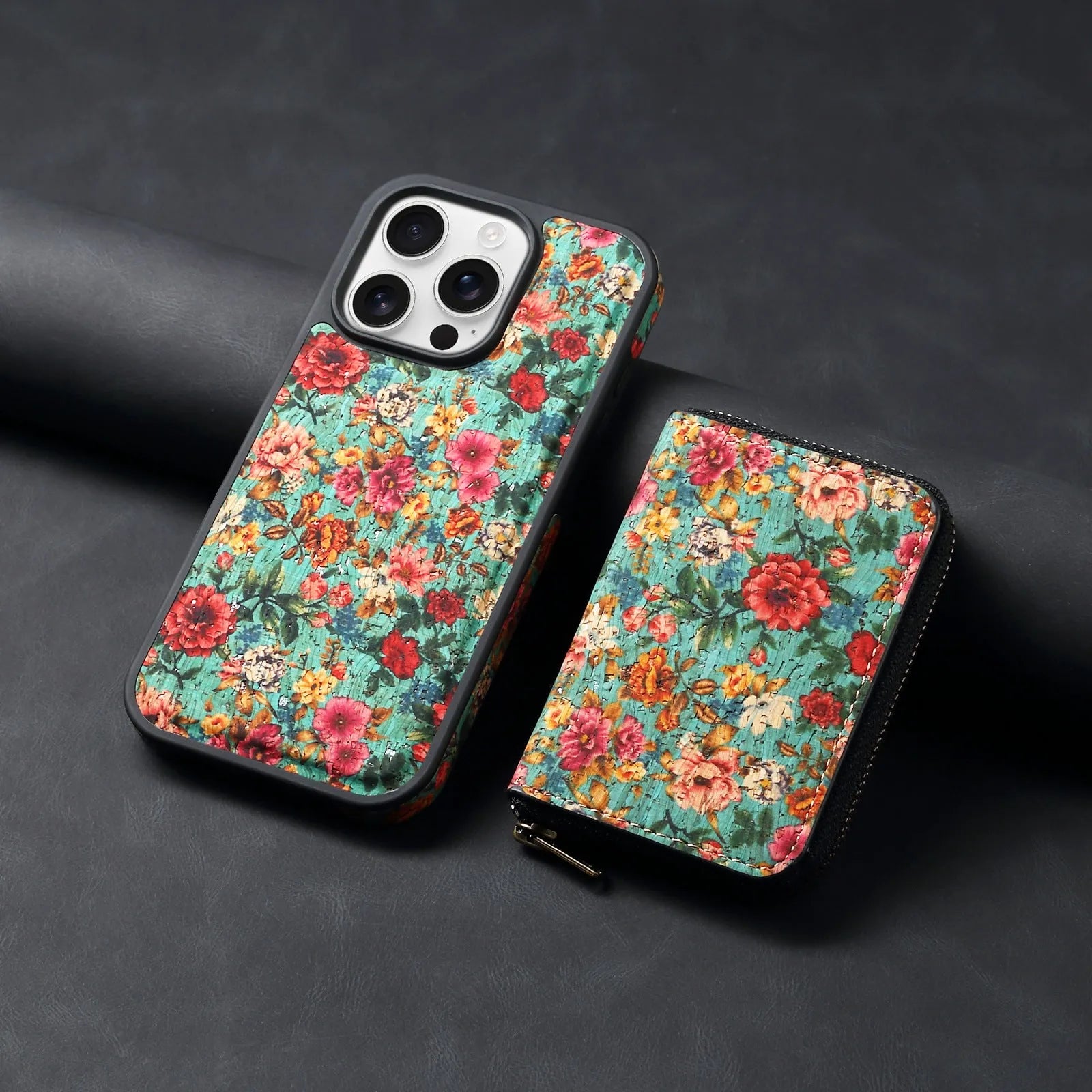 Cork phone case with magnetic suction and bracket for iPhone 17, red colour, three-dimensional floral design