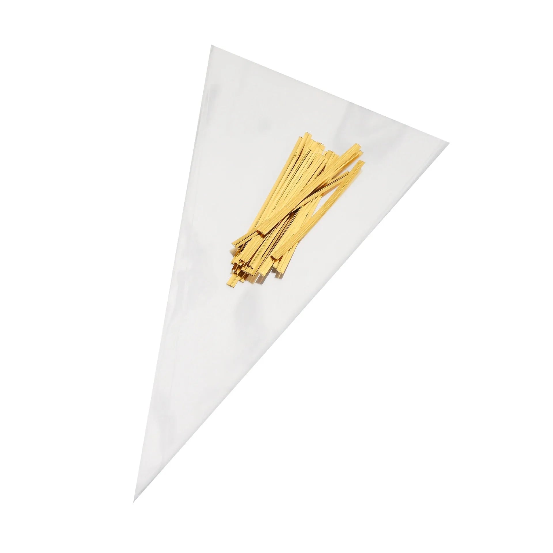 Clear triangle plastic packaging bag with a twisted wire tie closure on a white background.