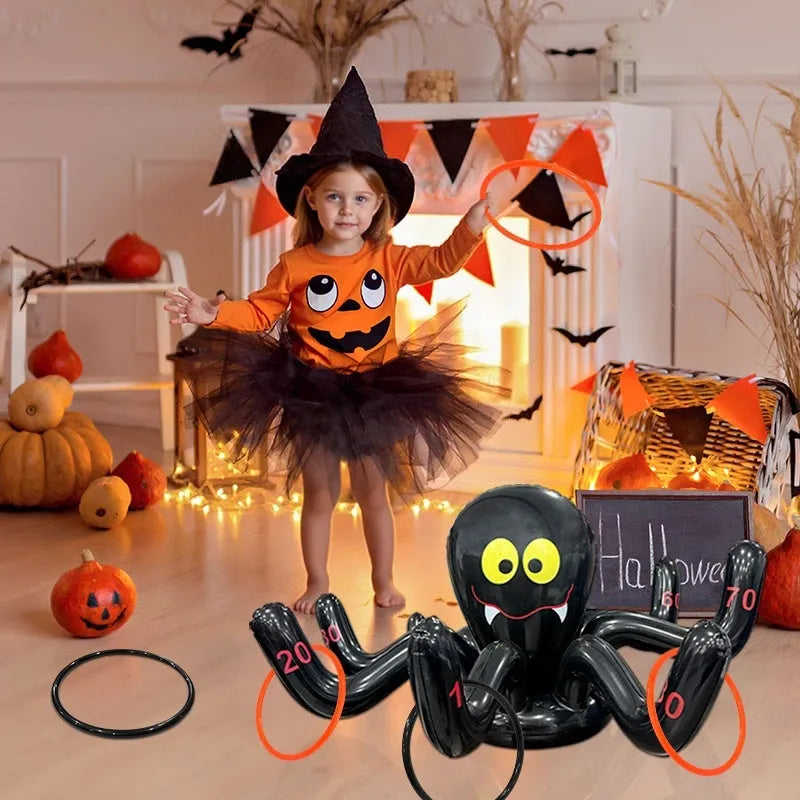 Assorted colourful PVC inflatable ferrule throwing toys in octopus, antlers, rabbit ears, Santa, spider, and witch hat styles.