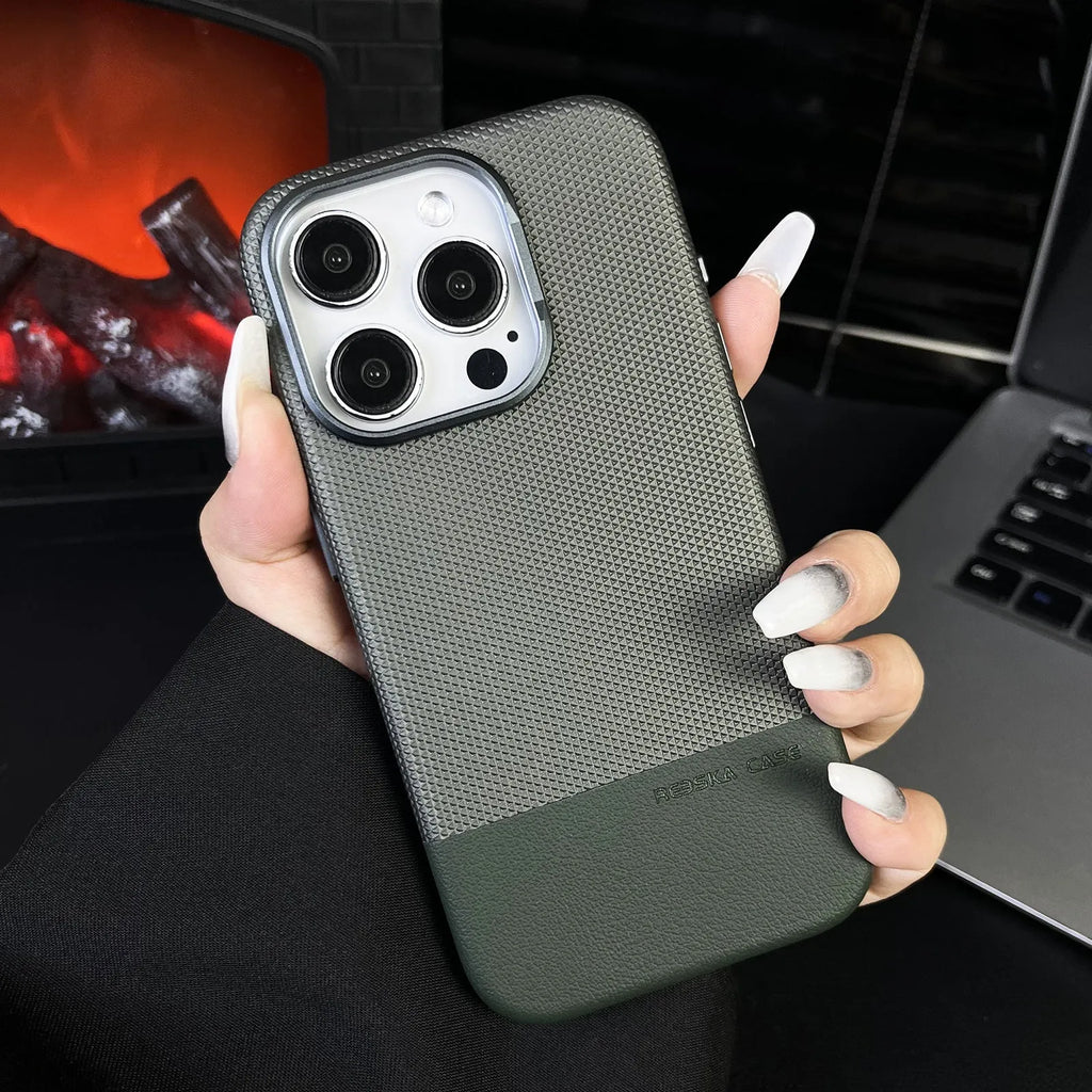 Black magnetic iPhone case with dragon scale texture and leather-like stitching, shown on an iPhone 15 Pro Max.