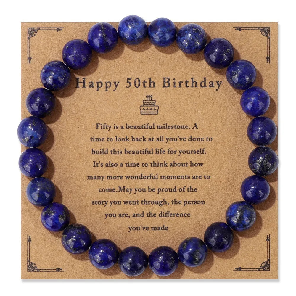 Men's natural stone bead elastic string bracelet in geometric circle style with birthday card