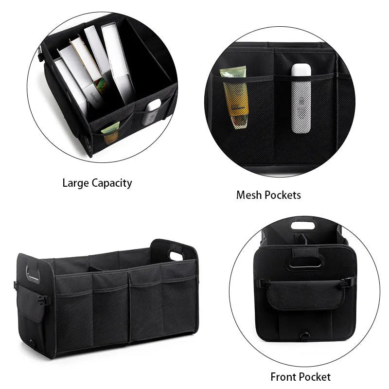 Black foldable fabric car trunk storage box with handles, shown with multiple compartments.
