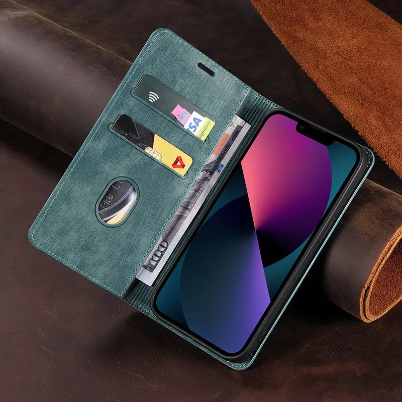 Magnetic flip phone case for iPhone in solid colours, showing TPU frame and leather cover.