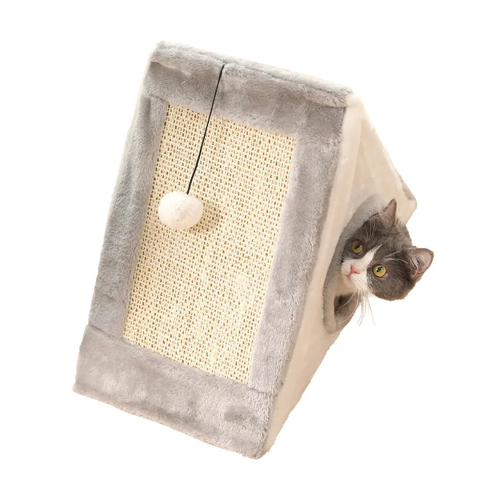 Grey and white triangular cat bed with integrated sisal scratching post, shown next to a light brown and beige version.