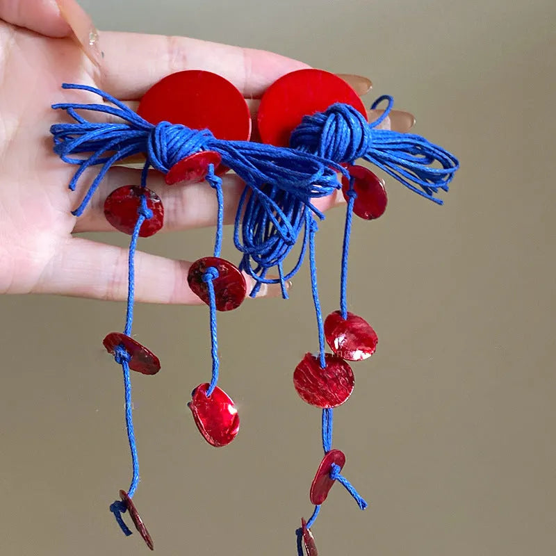 Handmade geometric cloth women's earrings in silver needle-blue resin flower colour.