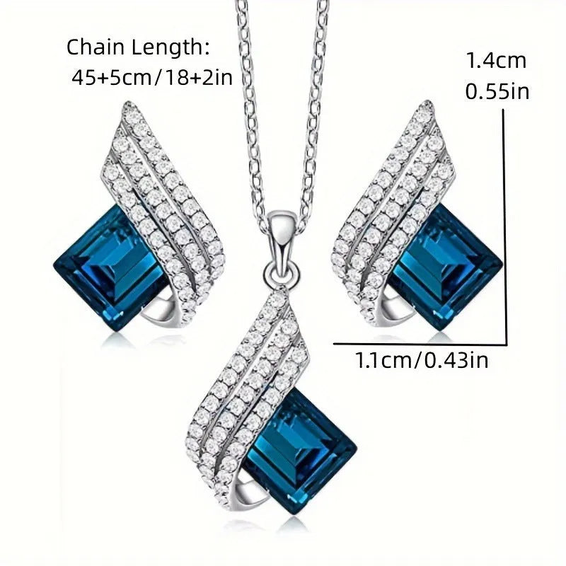Glass pendant necklace with alloy cross chain and matching electroplated ear studs jewellery set