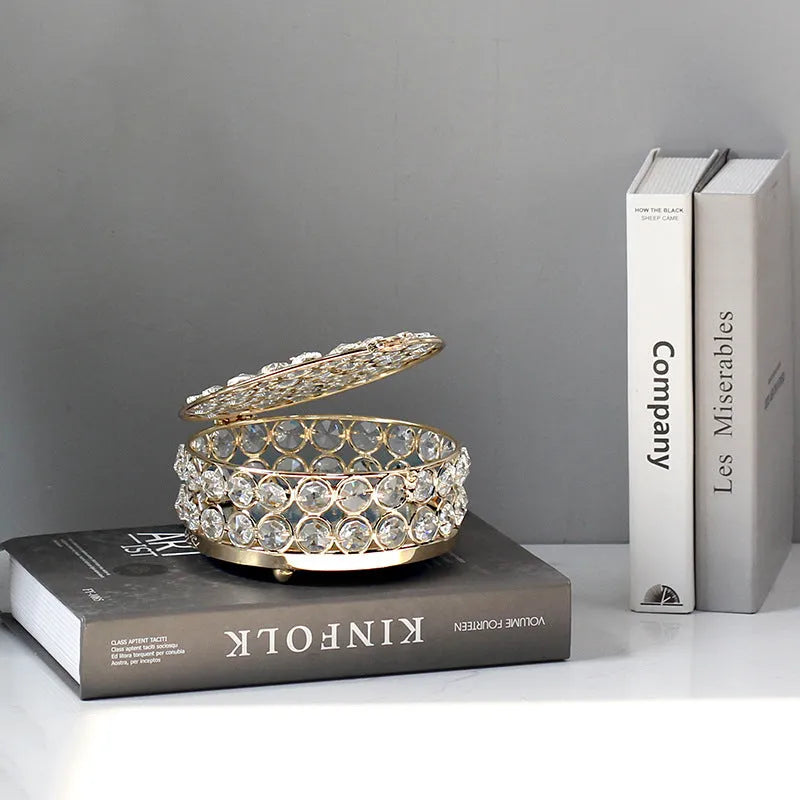 Transparent crystal glass jewelry storage box with a French gold metal frame