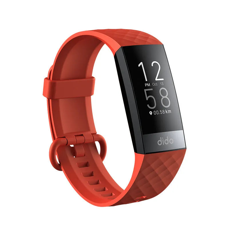 Smart bracelet on wrist showing blood pressure and ECG monitoring on its 1.1-inch screen.