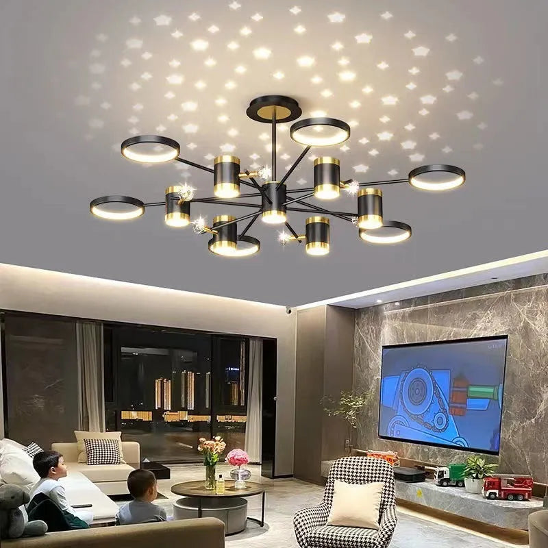 Black 13-head Nordic star iron chandelier with remote control on a table