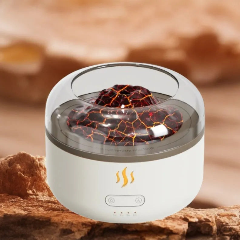 Simulation flame aroma diffuser in milky white plastic, round shape, with USB cord and water reservoir