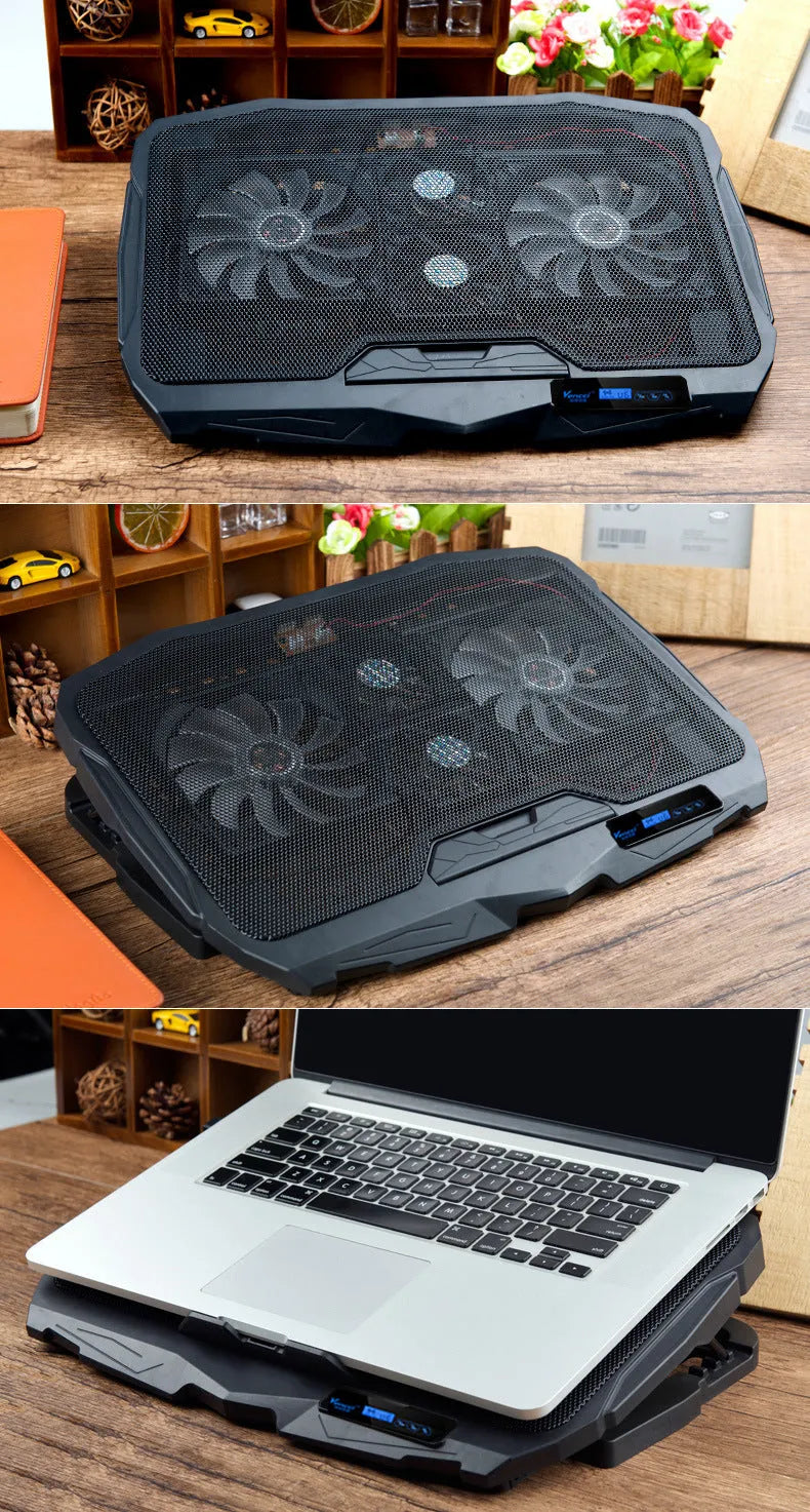 Black laptop cooling stand with copper heat sink plate, four heat pipes, and S18 variable speed fan