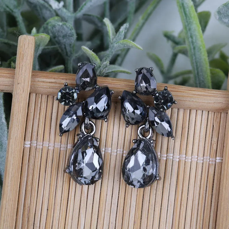 Drop shape glass crystal steel needle earrings in five colours: green, gray, dark blue, yellow, colorful blue