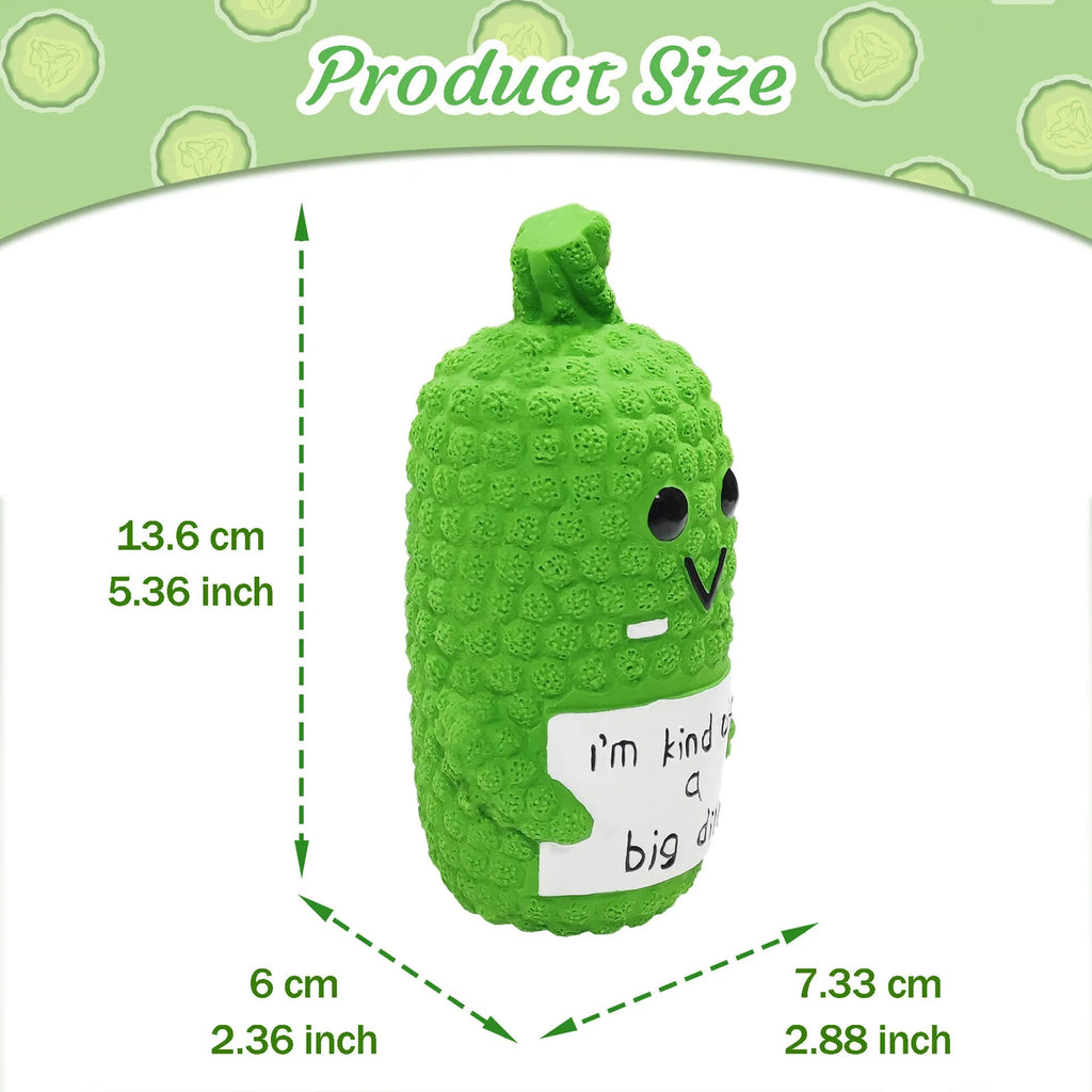 Bright green latex pickle-shaped dog chew toy with textured surface and squeaker inside.