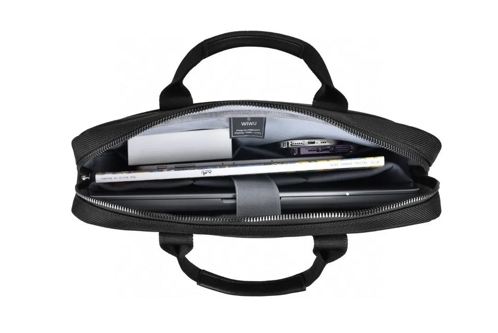 Black Oxford cloth laptop messenger bag with multiple compartments and a lock, shown in 14-inch and 15.6-inch sizes.