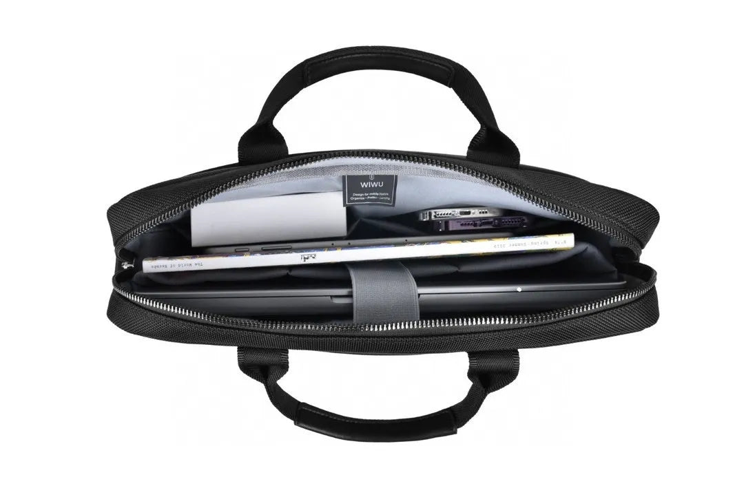 Black Oxford cloth laptop messenger bag with multiple compartments and a lock, shown in 14-inch and 15.6-inch sizes.