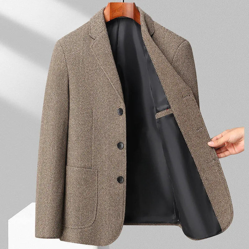 Men's loose fit solid colour woolen coat for casual spring and autumn wear