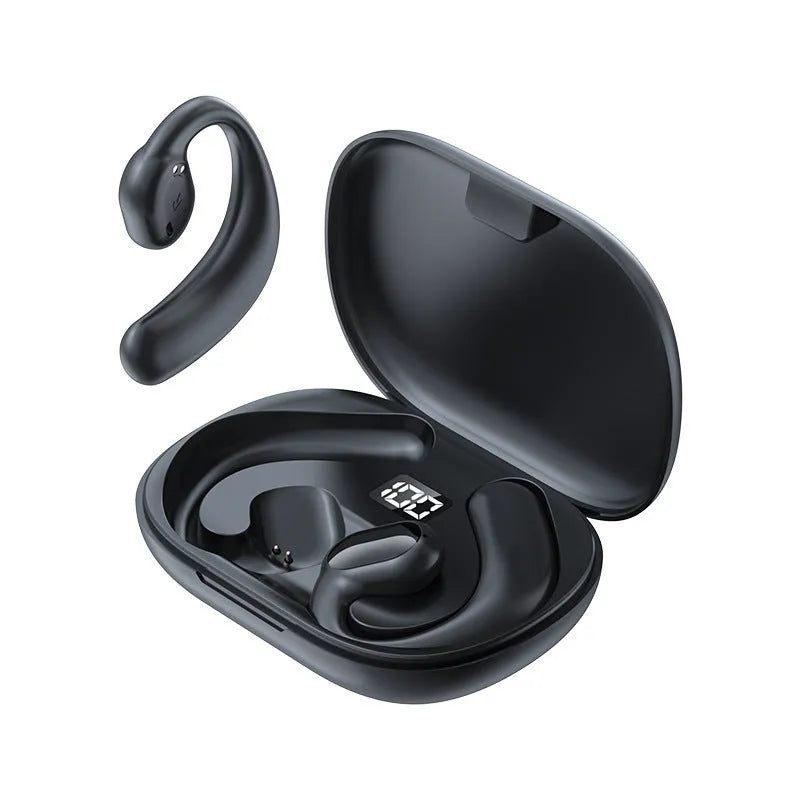 Black and white ear-mounted Bluetooth headset with digital display screen.