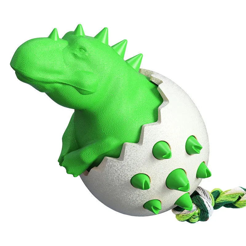 Blue durable dinosaur-shaped dog chew toy with textured surface and attached rope for tug of war.