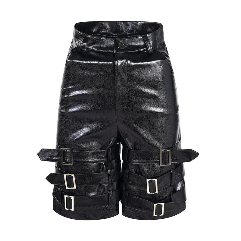 Black men's PU leather cropped pants on hanger showing low waist and flexible spandex material.