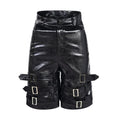 Black men's PU leather cropped pants on hanger showing low waist and flexible spandex material.