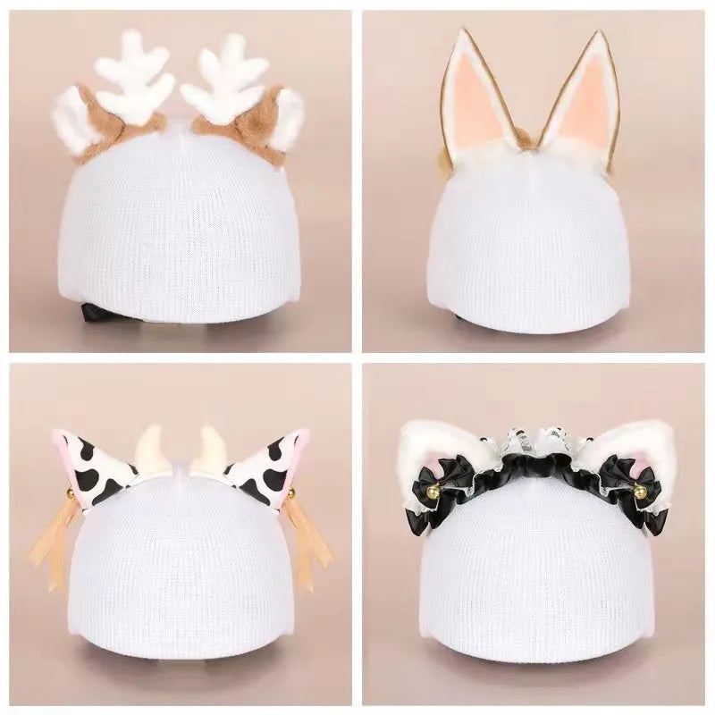 Plush fabric cute cartoon decoration hat placed on a ski helmet.