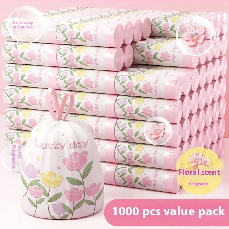 Pink degradable drawstring garbage bags with argy wormwood mosquito repellent.