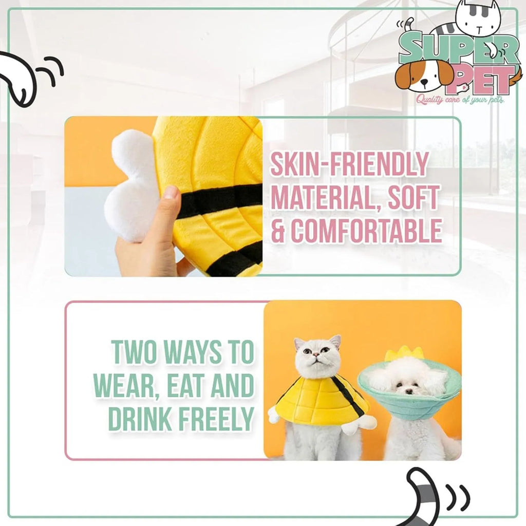 Soft grey cat cone collar with black velcro strap and a cute yellow bee design on the front.