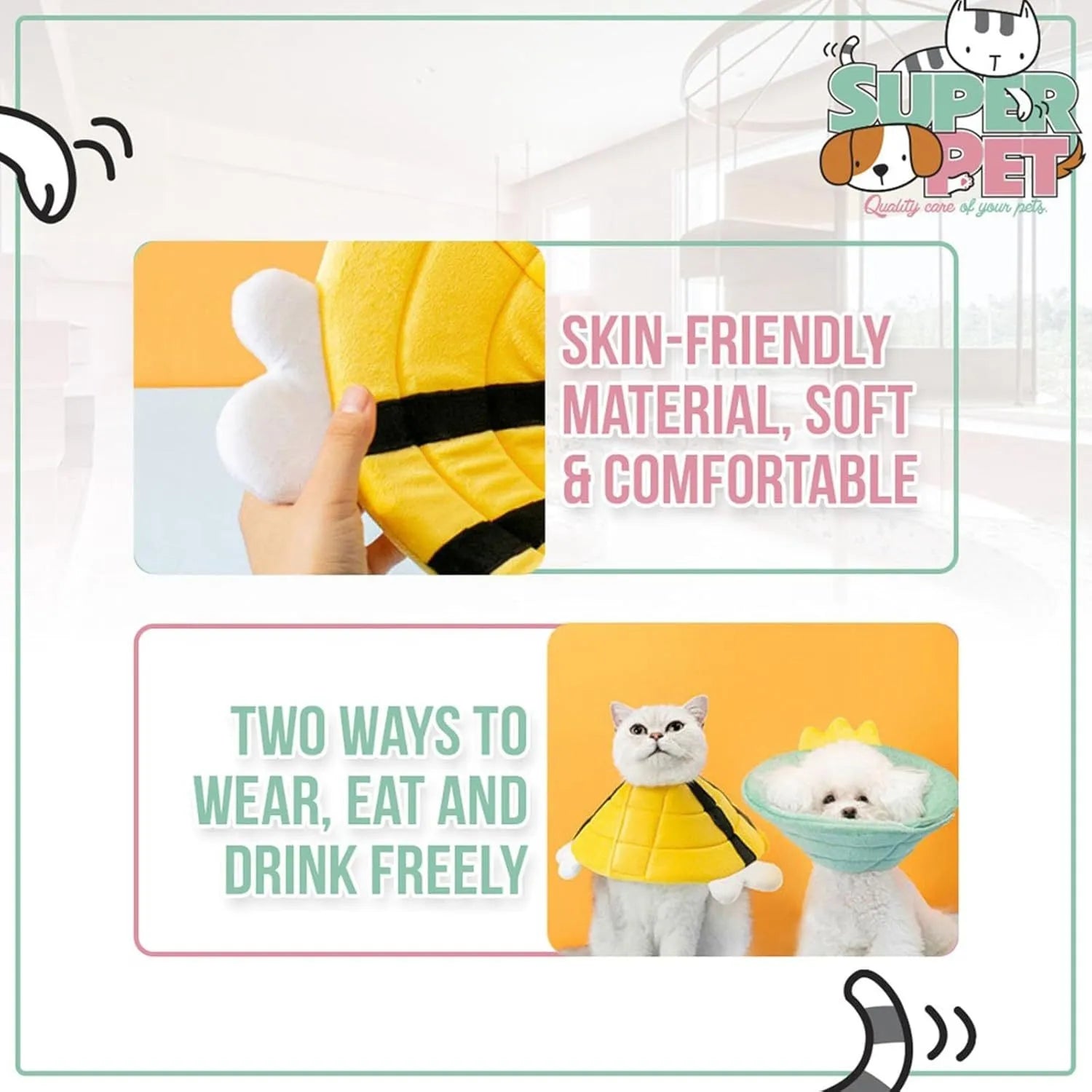 Soft grey cat cone collar with black velcro strap and a cute yellow bee design on the front.