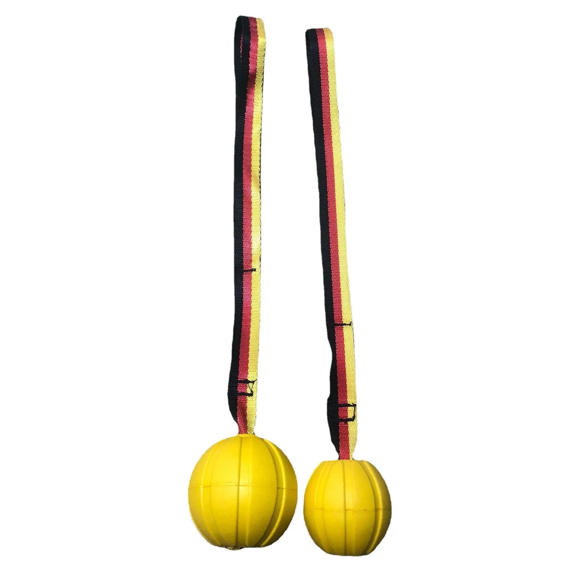Yellow and camouflage coloured EVA floating dog tetherballs in different sizes on a blue background.