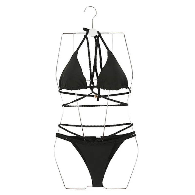 Women's nylon bikini set for hot springs and swimming in black or red, showing separate top and pants.