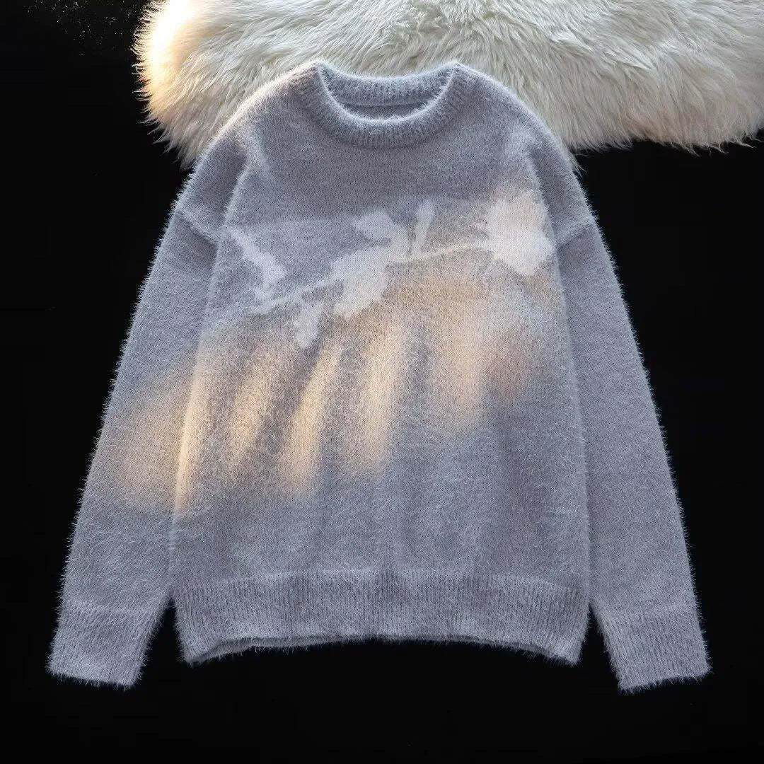 Men's black pullover sweater with a detailed flocking horse graphic in an American dark rose design.