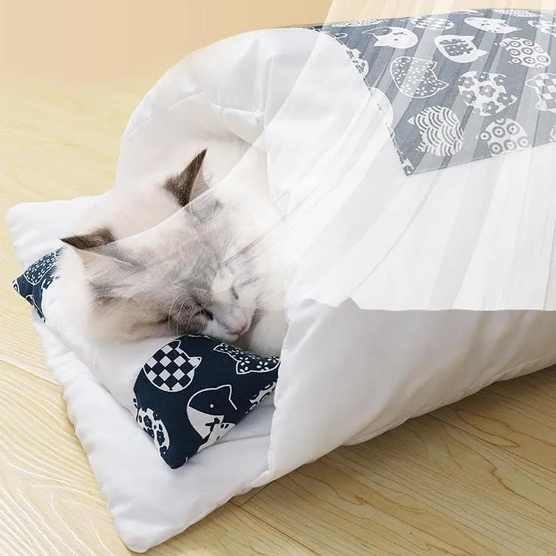 Winter cat sleeping bag bed with removable pillow shown in size Large for pets up to 6kg.