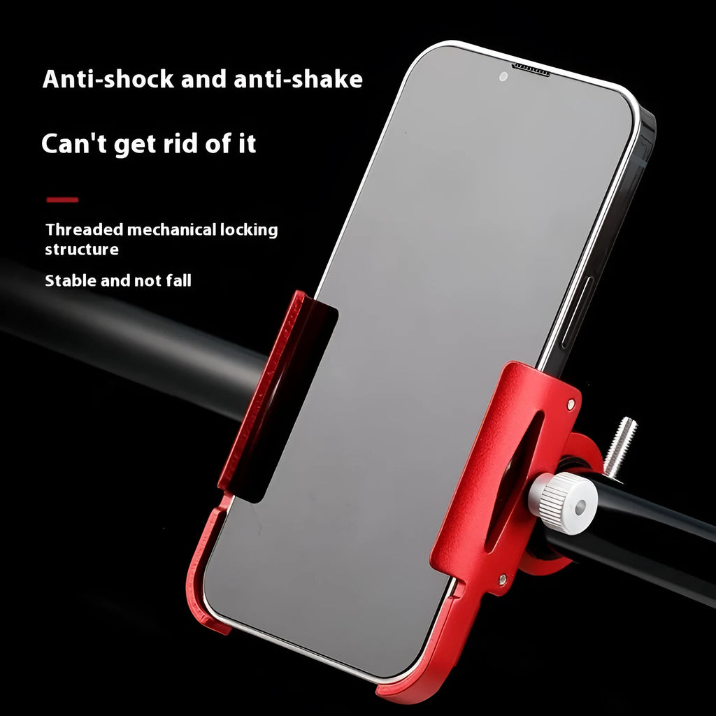 Aluminium alloy mobile phone holder mounted on bicycle handlebars showing black colour option
