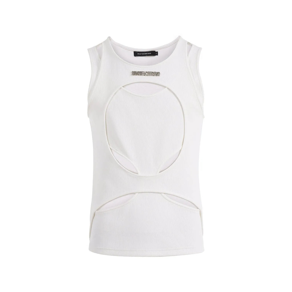 Men's black sleeveless loose-fit waistcoat with hollow thread detail.