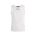 Men's black sleeveless loose-fit waistcoat with hollow thread detail.