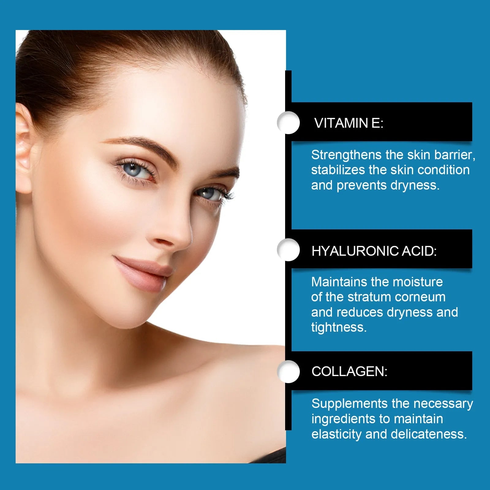 Five forehead skin care patches with non-woven fabric containing vitamin E and hyaluronic acid