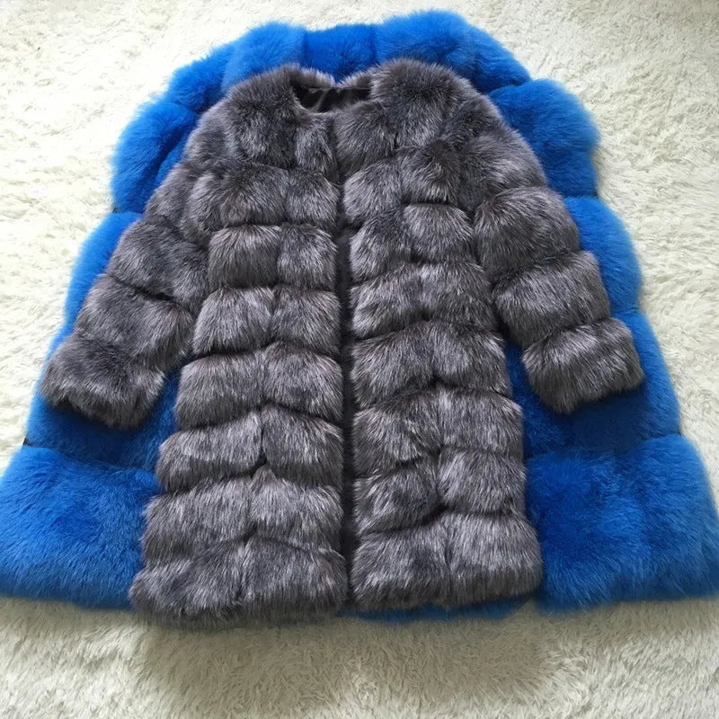 Women's thick artificial fur coat in an 80cm length, shown in a choice of colours.