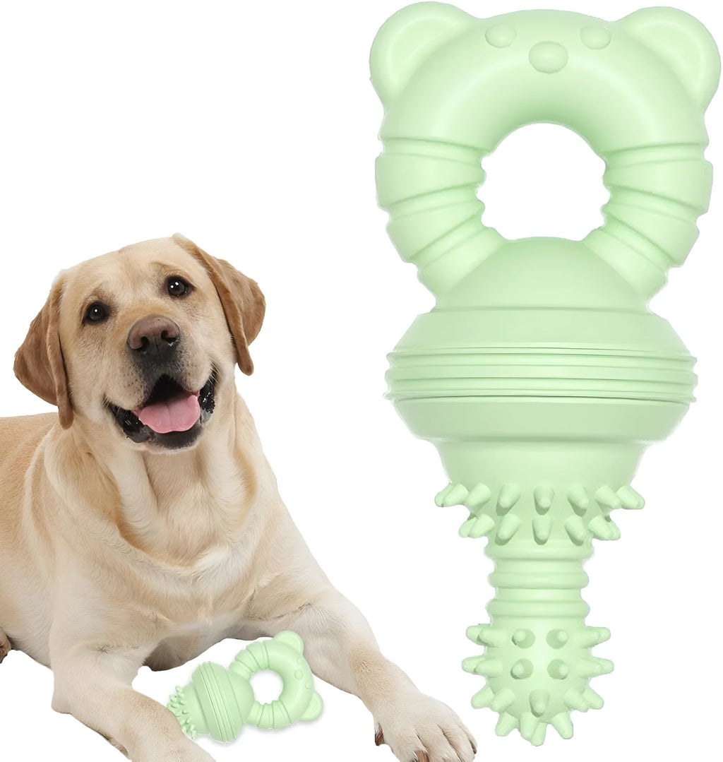 Blue rubber dog chew toy with textured surface for teeth cleaning, 13.5cm long