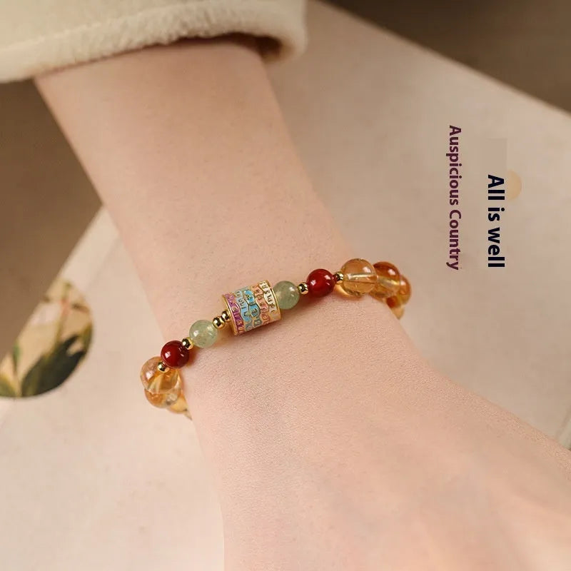 Yellow citrine prayer wheel bracelet with 8mm round beads in retro style