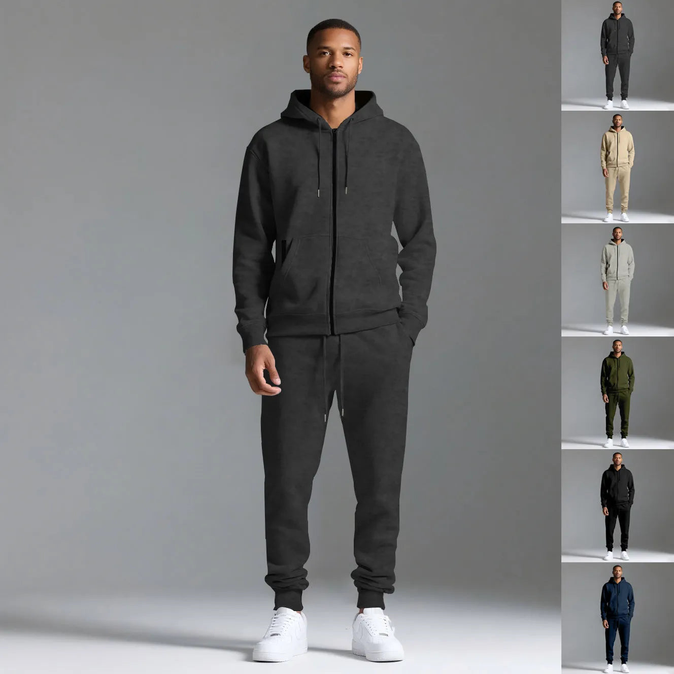 Men's solid colour long-sleeve hooded sportswear set with matching jacket and pants in black cotton polyester blend