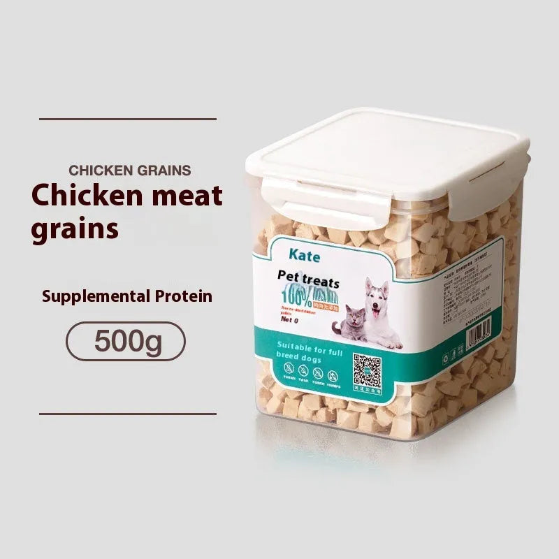 500g bag or barrel of chicken freeze-dried cat snacks showing high grade nuggets without shreds