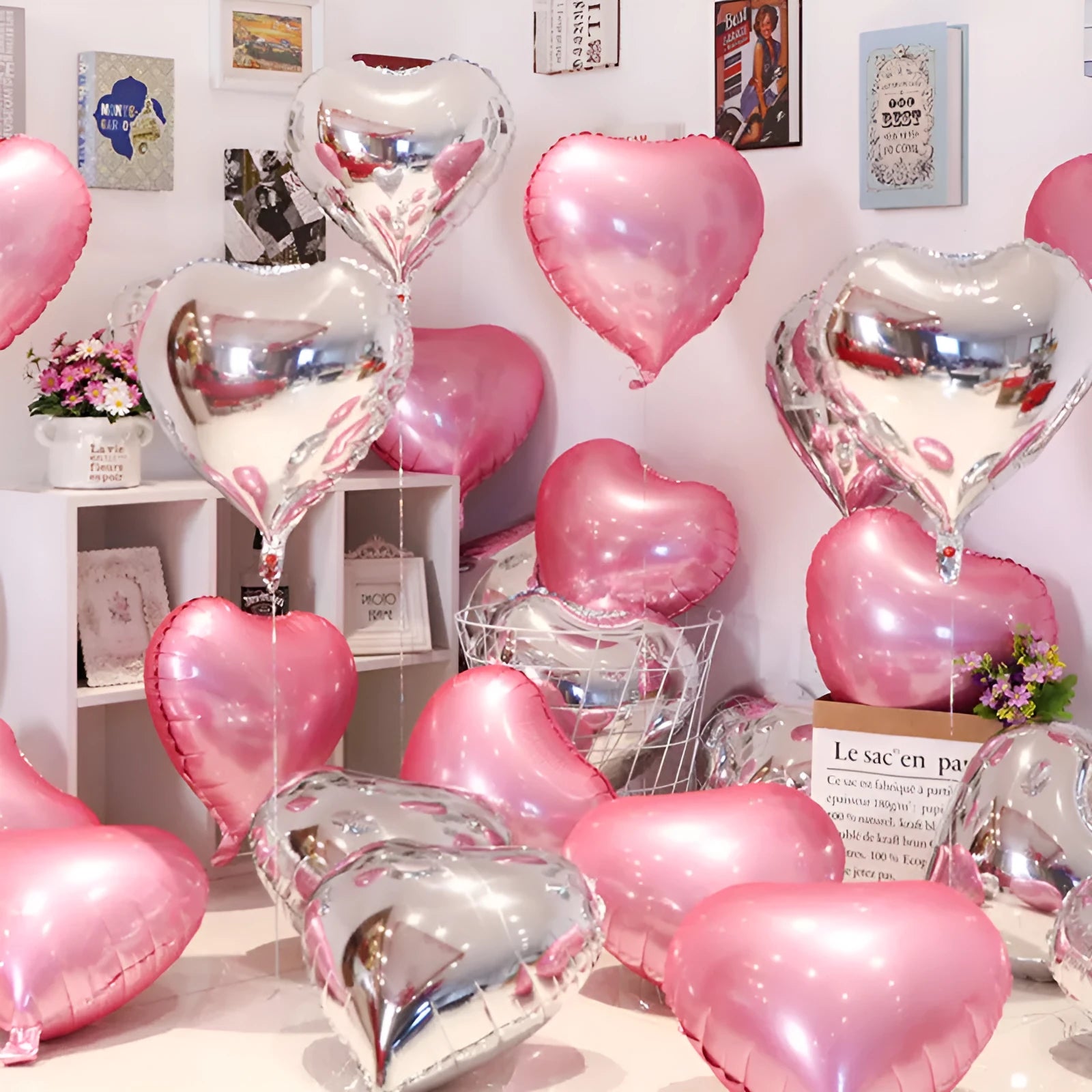 Pack of five metallic peach heart-shaped aluminum balloons in assorted colours.