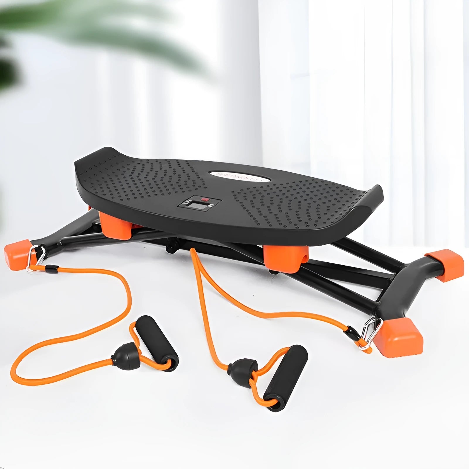 Black mini fitness skiing machine with elastic hand straps for home indoor exercise