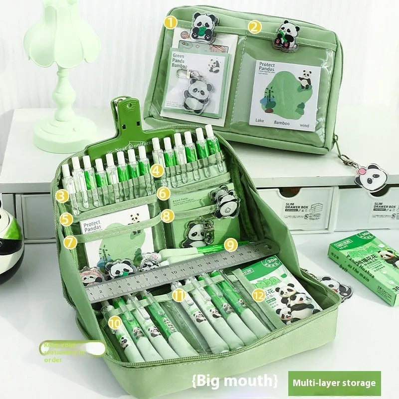 Green panda-themed pencil case with 12 layers for stationery organisation in Korean style canvas design