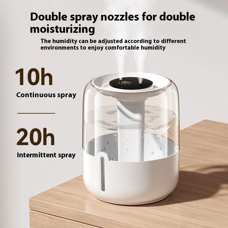 Beige round USB humidifier with display showing humidity level and dual spray outputs